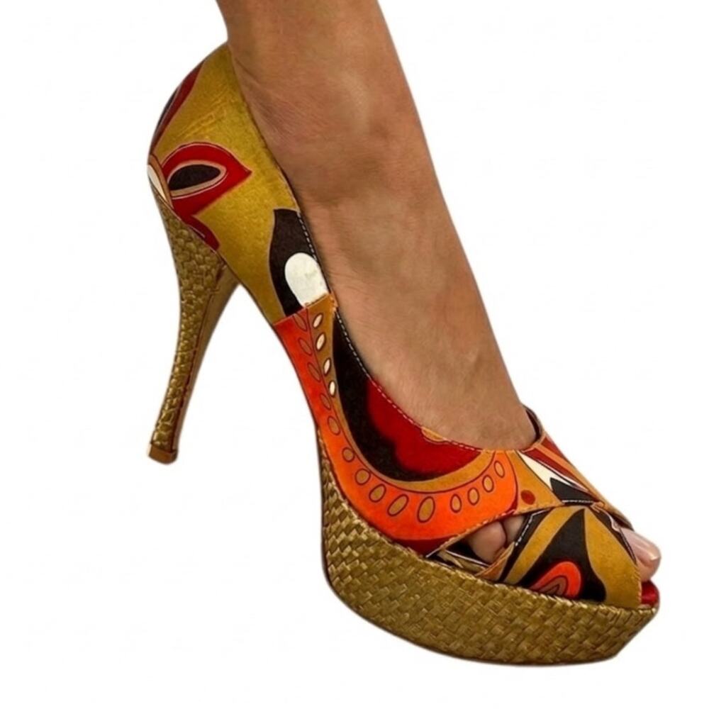 Sergio Zelcer Handmade Platform Retro Mod Print Peep Toe Platform Shoes Size 8